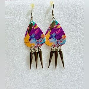 Colorful guitar pick earrings with silver charms